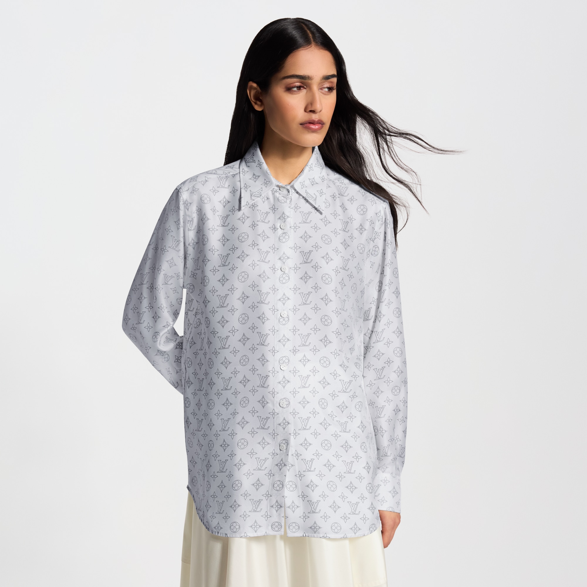 ルイヴィトン 22FW インバーテッドマヒナモノグラムマスキュリン シャツ XS Mahina Silk Shirt - Women - Ready-to-Wear | LOUIS VUITTON ®